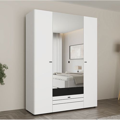 Guardaroba Grande Bianco Opaco Nero 6 Ripiani 2 Cassetti 155x208h cm, Appendiabiti - Watamu