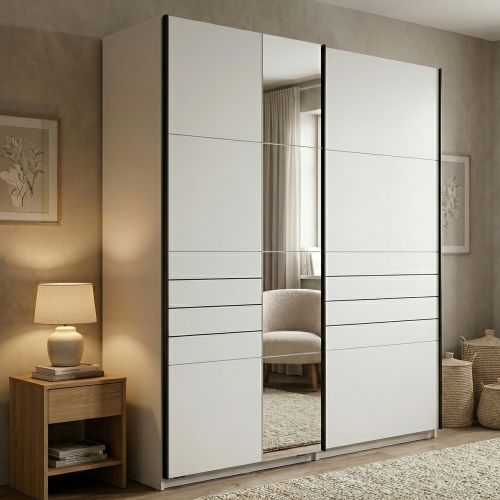 Guardaroba Grande Bianco Opaco Nero Appendiabiti 2 Ripiani 145.5x217.5h cm, Apertura Scorrevole - Vialone