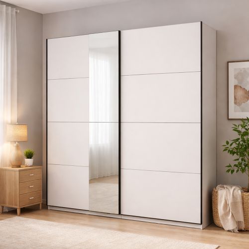 Guardaroba Grande Bianco Opaco Nero Appendiabiti 2 Ripiani 195x217.5h cm, Apertura Scorrevole - Porlezza