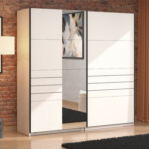Guardaroba Grande Bianco Opaco Nero Appendiabiti 2 Ripiani 220x217.5h cm, Apertura Scorrevole - Spartano