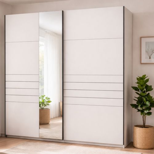Guardaroba Grande Bianco Opaco Nero Appendiabiti 2 Ripiani 245x217.5h cm, Apertura Scorrevole - Peio