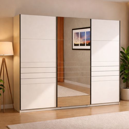 Guardaroba Grande Bianco Opaco Nero Appendiabiti 2 Ripiani 267x217h cm, Apertura Scorrevole - Tures