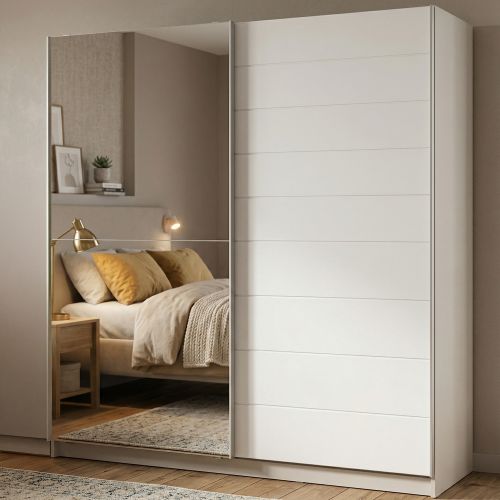 Guardaroba Grande Bianco Opaco Trasparente Appendiabiti 8 Ripiani 217x210h cm, Apertura Scorrevole - Valsinni