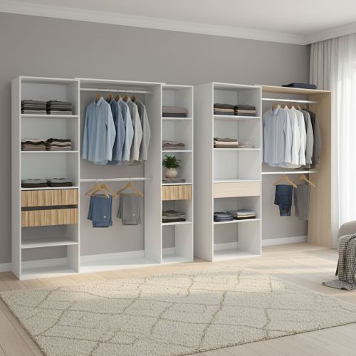 Guardaroba Grande Bianco Rovere Marrone Modulabile 4 Cassetti 354x187h cm, 12 Ripiani - Falcade