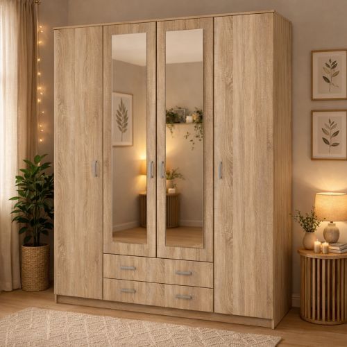 Guardaroba Grande Marrone Noce 9 Ripiani Appendiabiti 160x205h cm, 4 Ante - Miazzina
