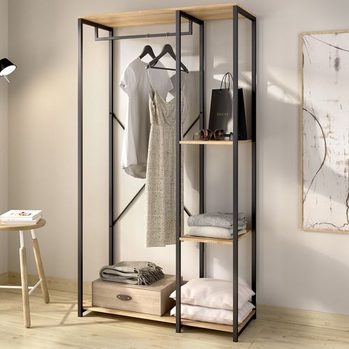 Guardaroba Grande Marrone Rovere Nero 3 Ripiani Appendiabiti 40x167h cm, Cassetti - Clovis