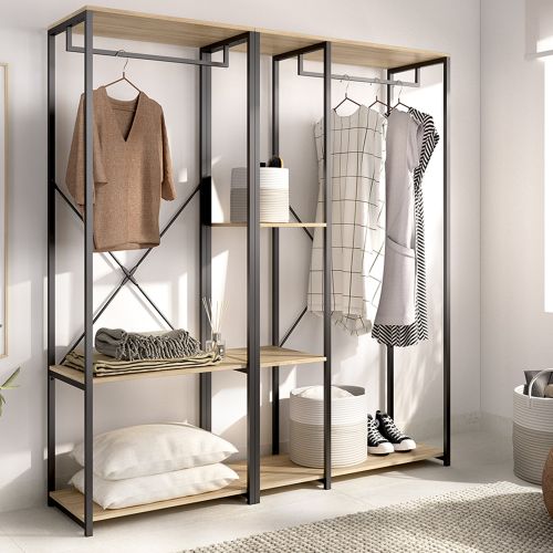Guardaroba Grande Marrone Rovere Nero 3 Ripiani Appendiabiti 40x167h cm, Cassetti - Cotton