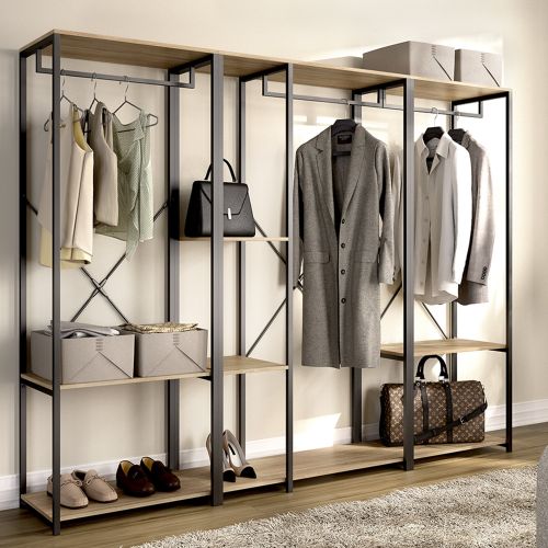 Guardaroba Grande Marrone Rovere Nero 4 Ripiani Appendiabiti 40x167h cm, Cassetti - Fairfax