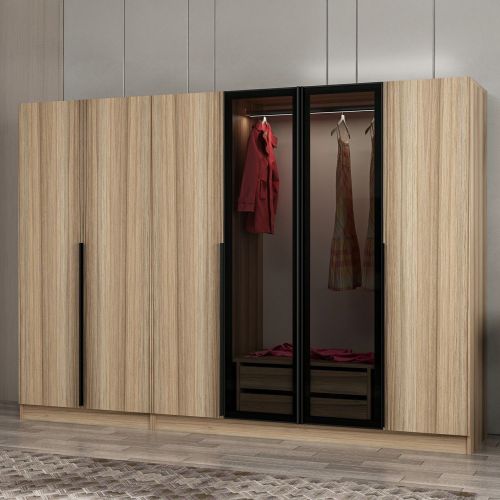 Guardaroba Grande Marrone Rovere Nero Fume Appendiabiti 10 Ripiani 270x210h cm, 6 Ante - Roviano