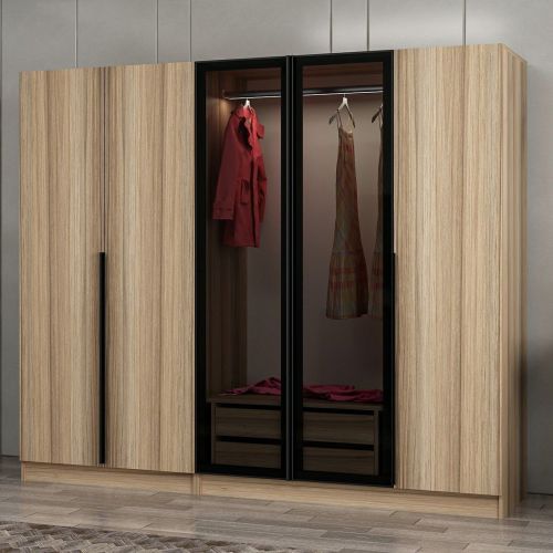 Guardaroba Grande Marrone Rovere Nero Fume Appendiabiti 6 Ripiani 225x210h cm, 5 Ante - Sinibalda