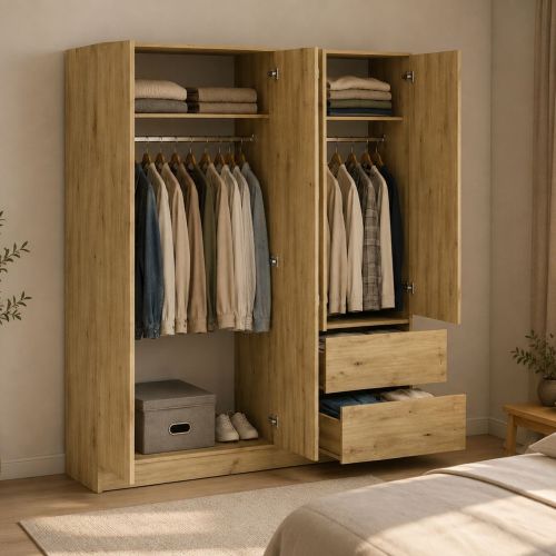 Guardaroba Grande Marrone Rovere Nodi 2 Ripiani Appendiabiti 195x205h cm, 2 Cassetti - Lesomiha