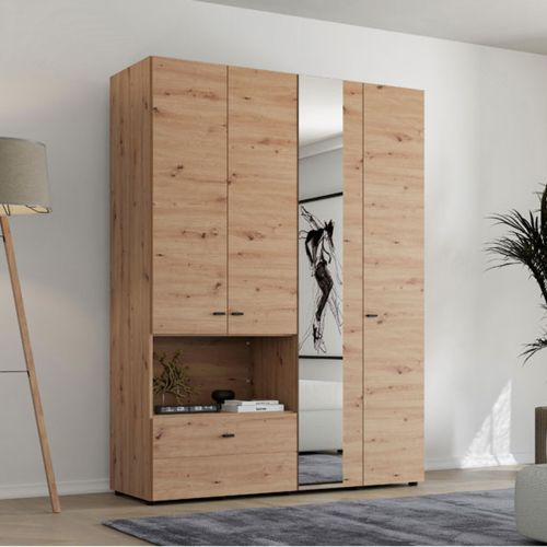 Guardaroba Grande Marrone Rovere Nodi Nero 4 Ripiani un Cassetto 155x208h cm, Appendiabiti - Omete