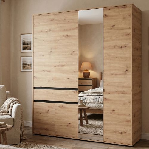 Guardaroba Grande Marrone Rovere Nodi Nero 4 Ripiani un Cassetto 182.5x210.5h cm, Appendiabiti - Rifreddo
