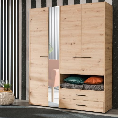 Guardaroba Grande Marrone Rovere Nodi Nero 5 Ripiani 3 Cassetti 161x205.5h cm, Appendiabiti - Teana