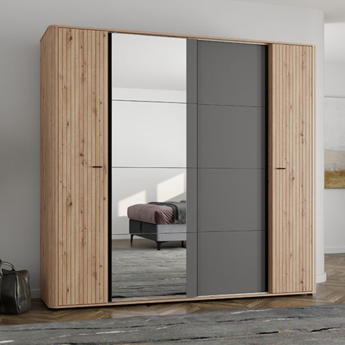 Guardaroba Grande Marrone Rovere Nodi Nero Antracite Appendiabiti 10 Ripiani 232x219h cm, 4 Ante - Hakone