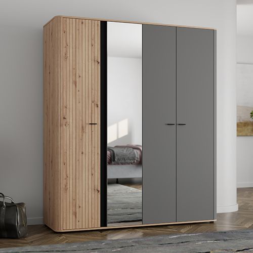 Guardaroba Grande Marrone Rovere Nodi Nero Antracite Appendiabiti 2 Ripiani 180x211h cm, 4 Vani - Truth