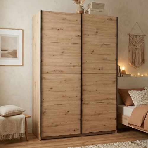 Guardaroba Grande Marrone Rovere Nodi Nero Appendiabiti 2 Ripiani 145.5x217.5h cm, Apertura Scorrevole - Tredozio
