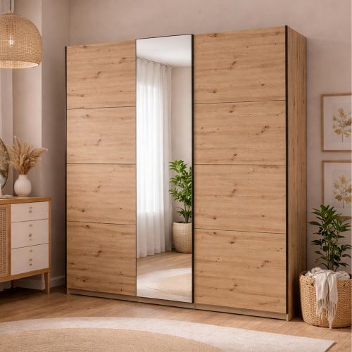 Guardaroba Grande Marrone Rovere Nodi Nero Appendiabiti 2 Ripiani 195x217.5h cm, Apertura Scorrevole - Porlezza
