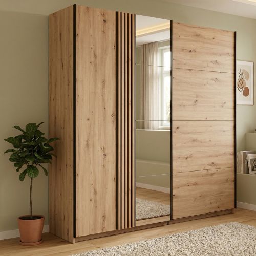 Guardaroba Grande Marrone Rovere Nodi Nero Appendiabiti 2 Ripiani 220x217.5h cm, 4 Vani - Nucetto