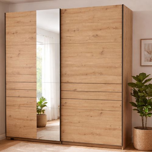 Guardaroba Grande Marrone Rovere Nodi Nero Appendiabiti 2 Ripiani 220x217.5h cm, Apertura Scorrevole - Spartano
