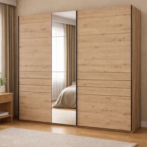 Guardaroba Grande Marrone Rovere Nodi Nero Appendiabiti 2 Ripiani 245x217.5h cm, Apertura Scorrevole - Peio