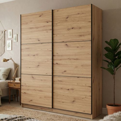 Guardaroba Grande Marrone Rovere Nodi Nero Appendiabiti 5 Ripiani 179x210h cm, Apertura Scorrevole - Cerchio