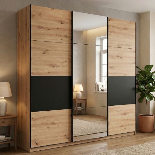 Guardaroba Grande Marrone Rovere Nodi Nero Appendiabiti 6 Ripiani 262.5x224h cm, Apertura Scorrevole - Lavenone