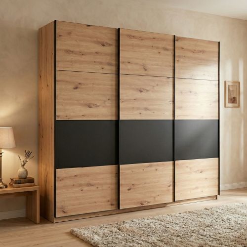 Guardaroba Grande Marrone Rovere Nodi Nero Appendiabiti 6 Ripiani 262.5x224h cm, Apertura Scorrevole - Miggiano