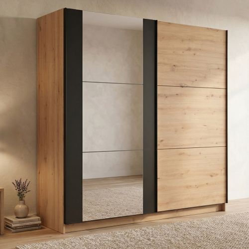 Guardaroba Grande Marrone Rovere Nodi Nero Appendiabiti 8 Ripiani 217x210h cm, Apertura Scorrevole - Gandino