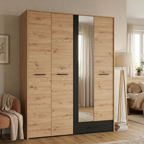 Guardaroba Grande Marrone Rovere Nodi Nero un Cassetto 5 Ripiani 157.5x203.5h cm, Appendiabiti - Lisio