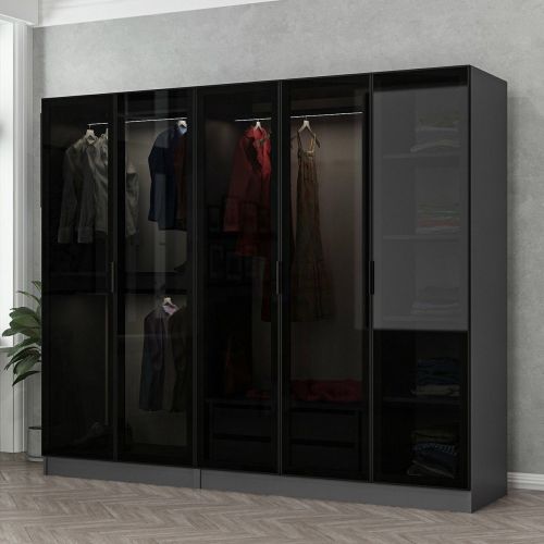 Guardaroba Grande Nero Antracite Nero Fume Appendiabiti 6 Ripiani 225x210h cm, 5 Ante - Sinibalda
