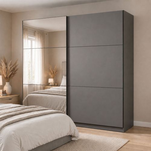 Guardaroba Grande Nero Antracite Trasparente Appendiabiti 8 Ripiani 217x210h cm, Apertura Scorrevole - Soncino