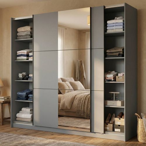 Guardaroba Grande Nero Antracite Trasparente Appendiabiti 8 Ripiani 236.5x210h cm, Apertura Scorrevole - Sorgono