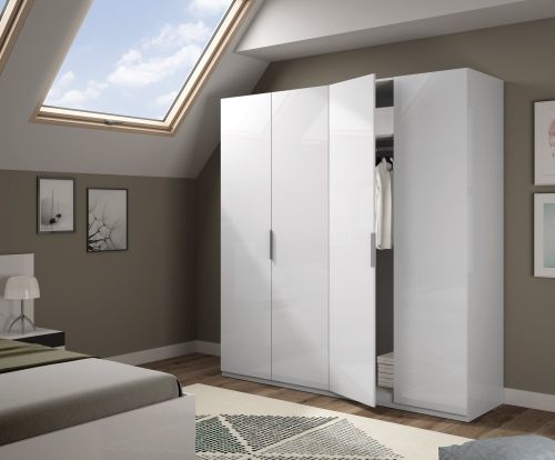 Guardaroba Knoxville, Armadio per camera da letto a 4 ante battenti, Mobile con 2 ripiani e barra appendiabiti, 180x52h200 cm, Bianco lucido