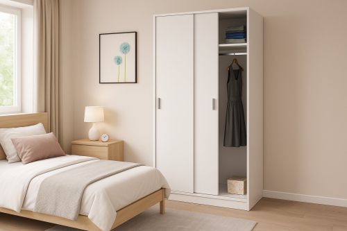 Guardaroba Lansing, Armadio per camera da letto a 2 ante scorrevoli, Mobile con ripiano e barra appendiabiti, 100x50h200 cm, Bianco