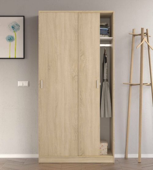 Guardaroba Lansing, Armadio per camera da letto a 2 ante scorrevoli, Mobile con ripiano e barra appendiabiti, 100x50h200 cm, Rovere