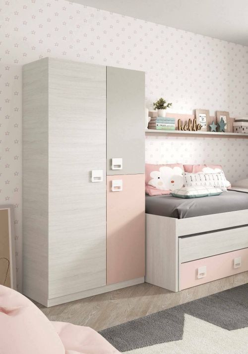 Guardaroba Manchester, Armadio per cameretta, Mobile a 3 ante e 3 ripiani con barra appendiabiti, 90x52h200 cm, Grigio e Rosa