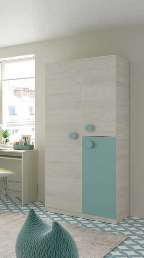 Guardaroba Manchester, Armadio per cameretta, Mobile a 3 ante e 3 ripiani con barra appendiabiti, 90x52h200 cm, Grigio e Verde acqua