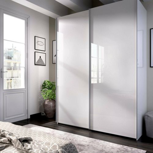 Guardaroba Nuptse, Mobile appendiabiti per camera da letto, Armadio a 2 ante scorrevoli, 150x65h204 cm, Bianco lucido