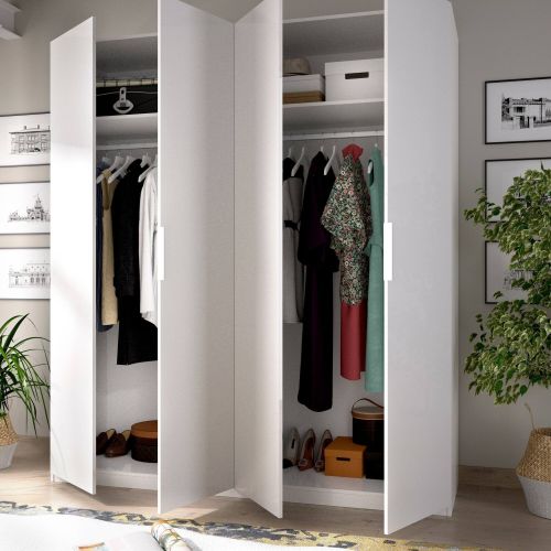 Guardaroba Prado, Mobile appendiabiti per camera da letto, Armadio a 4 ante battenti, 180x52h204 cm, Bianco lucido