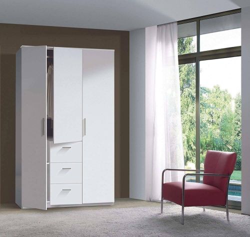 Guardaroba Providence, Armadio per camera da letto a 3 ante battenti, Mobile con barra appendiabiti e 3 ripiani, 117x52h203 cm, Bianco