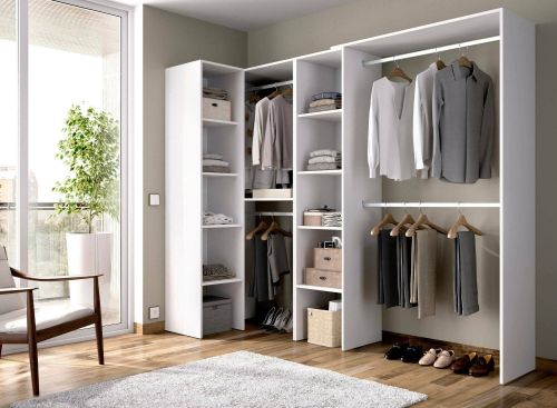 Guardaroba Quadro, Struttura per cabina armadio angolare, Mobile appendiabiti aperto ad angolo, 228x79h187 cm, Bianco