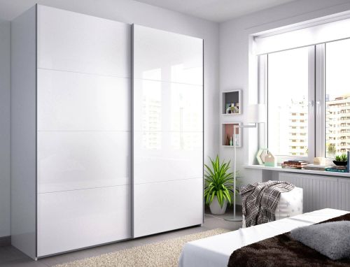 Guardaroba Saltoro, Mobile appendiabiti per camera da letto, Armadio a 2 ante scorrevoli, 180x65h204 cm, Bianco lucido