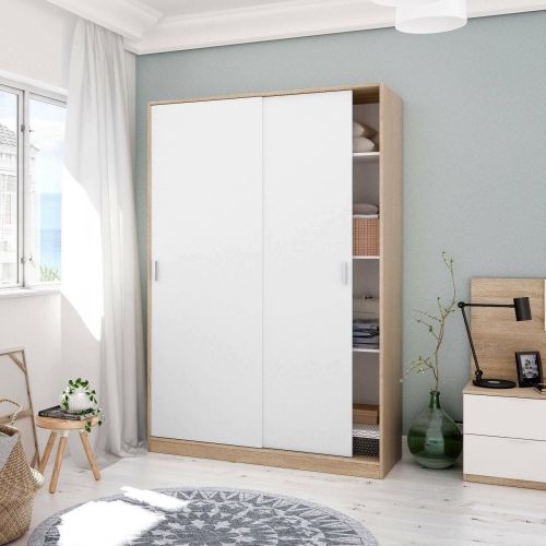 Guardaroba Waterbury, Armadio per camera da letto a 2 ante scorrevoli, Mobile con 3 ripiani e barra appendiabiti, 120x50h200 cm, Rovere e Bianco