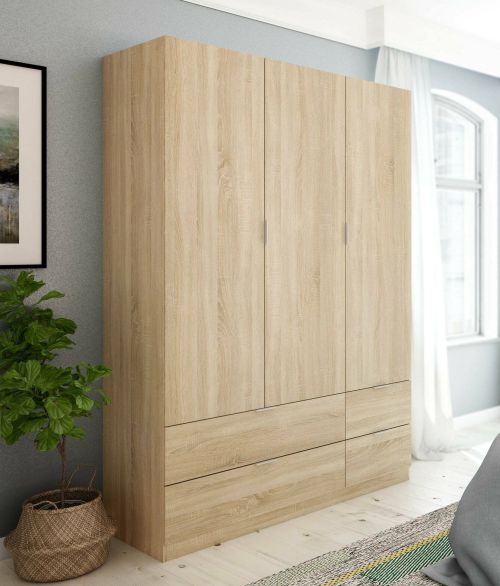Guardaroba Weymouth, Mobile camera da letto a 3 ante e 2 cassetti, Armadio appendiabiti, 135x52h200 cm, Rovere
