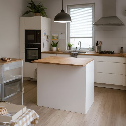 Isola cucina compatta per piccoli spazi 125x90x90h cm bianca lucida e rovere - Analiza