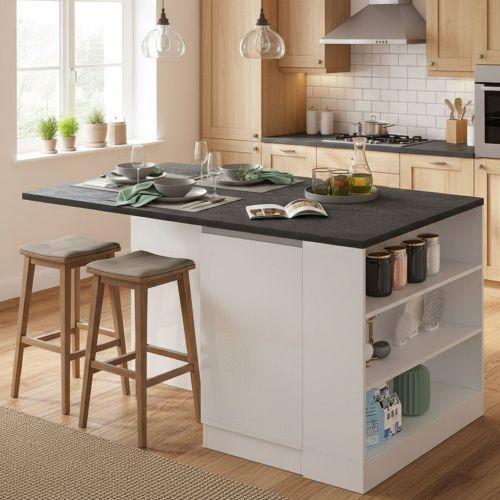 Isola cucina con piano lavoro ampio 160x90x90h cm bianca lucida e ardesia - Abern