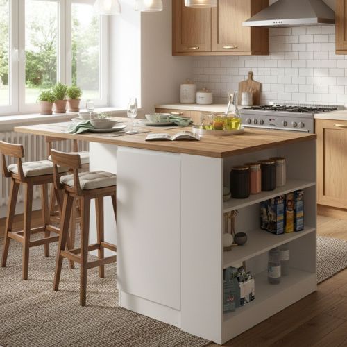 Isola cucina moderna per open space 160x90x90h cm bianca lucida e rovere - Abern