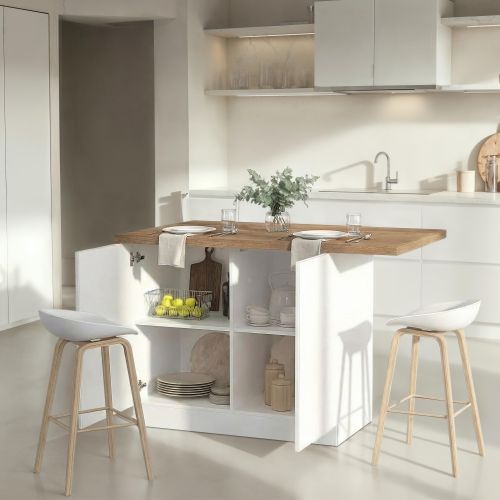 Isola da Cucina Bianco Lucido Marrone Noce 2 Ripiani 4 Vani 130x80x90h cm, 2 Ante Made in Italy - Miha