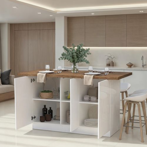 Isola da Cucina Bianco Lucido Marrone Noce 3 Ripiani 6 Vani 160x80x90h cm, 3 Ante Made in Italy - Migani